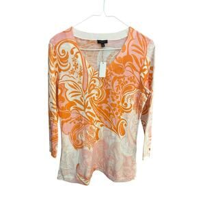 TALBOTS Sweater Women's S Orange Cotton Tropical 3/4 Sleeve Coastal Top NWT